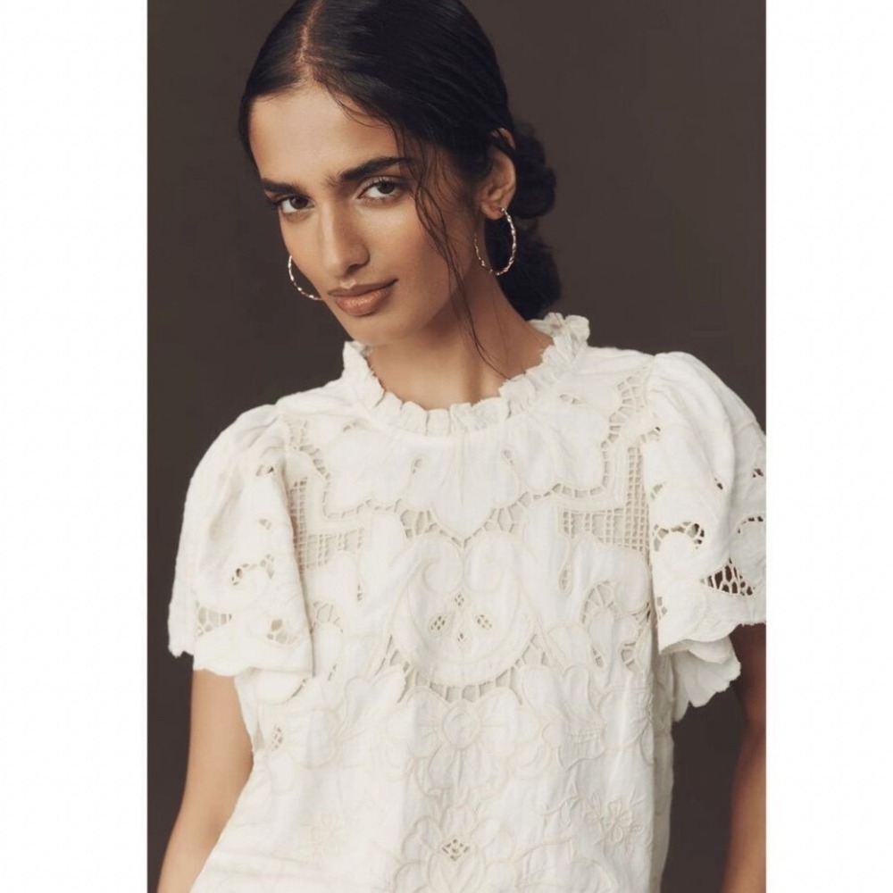 Anthropologie Lainie Blouse White Lace Cutwork Flutter‎ Sleeve Linen Top XL NWT - Picture 4 of 16